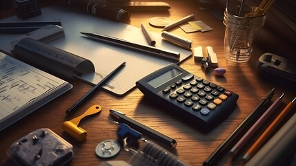 a calculator and pencils on a desk - obrazy, fototapety, plakaty