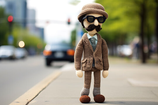 closeup of hipster crocheted puppet in the street