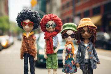 closeup of hipster crocheted puppets in the street