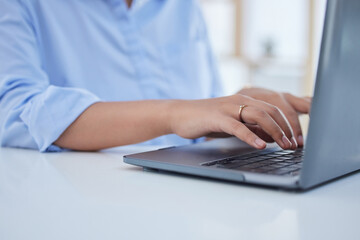 Zoom of business woman hands, laptop or manager typing a schedule, email or company marketing...