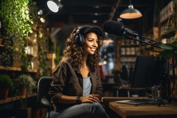 Influencer talking about professional video equipment in her studio set.