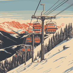 Woodcut Vintage Ski Lift - obrazy, fototapety, plakaty