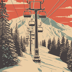 Woodcut Vintage Ski Lift