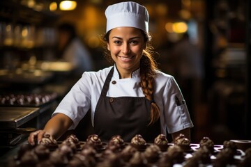 woman pastry chef wearing uniform holding a bowl preparing delicious sweets chocolates - obrazy, fototapety, plakaty