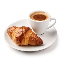 Croissant and cup of coffee breakfast on white background 