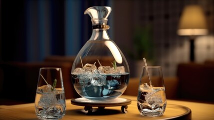 alcohol in a decanter, two glasses next to it,