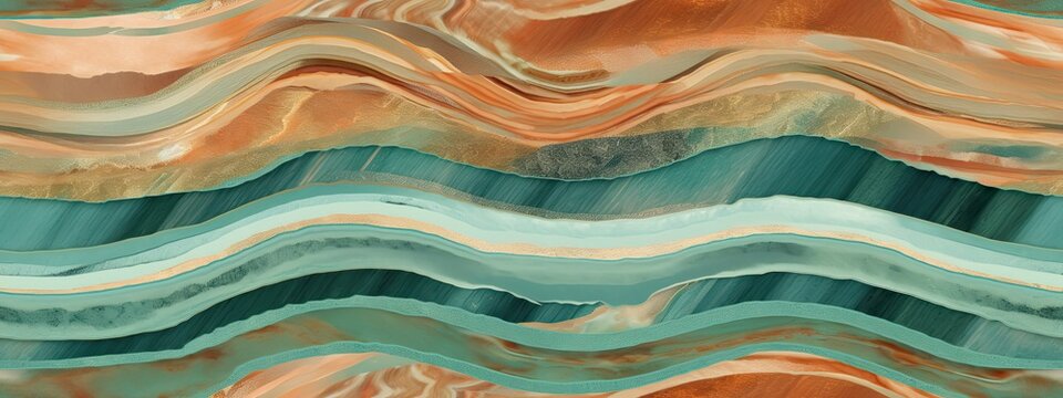 Seamless copper patina colored wavy marble agate stripes background texture. Faded vintage antique abstract jade, malachite mineral gemstone slice pattern. Golden brown, mint green
