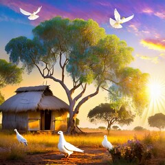 Obraz premium sunset at an african village depicting doves, and illuminating a eucalyptus tree and a traditional hut.