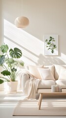 living room setup with a woven pendant light, and subtle plant decor for a design mockup.