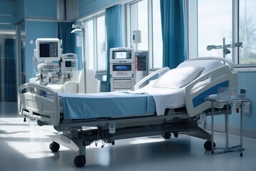 Nobody in hospital bed at clinical ward on modern floor with comfortable bed, monitor, medical equipment. - obrazy, fototapety, plakaty