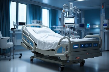 Nobody in hospital bed at clinical ward on modern floor with comfortable bed, monitor, medical equipment. - obrazy, fototapety, plakaty