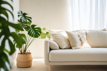 living room interior with soft sunlight, modern couch and lush monstera plant, design mockup.