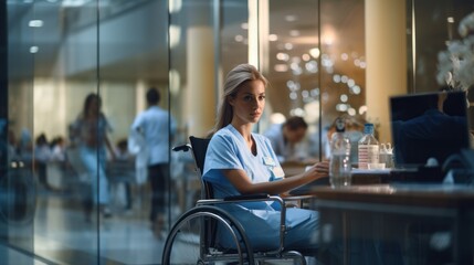 Obraz premium Nurse working on PC in modern private clinic with glass walls where patients