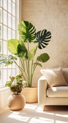 Warm and inviting interior design mockup with plants, sunlit window, and a cozy white armchair.