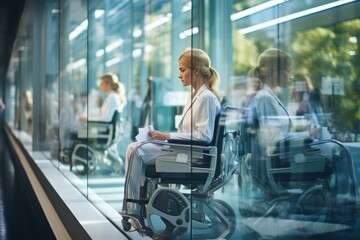 Fototapeta premium Nurse working on PC in modern private clinic with glass walls where patients