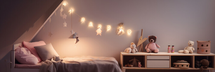 child room interior with soft pastel tones, cozy bed, playful stuffed toys, whimsical fairy lights