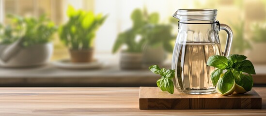 Basil and water on wooden kitchen table Space for text