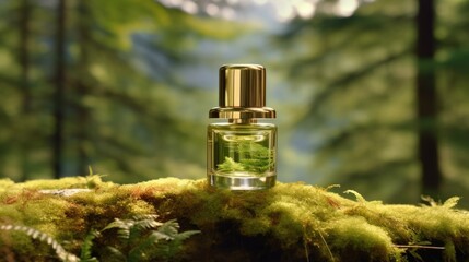 Green essential oil bottle in a beautiful forest,
