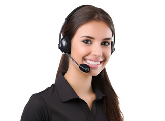 Smiling call center assistant wearing headset, cut out