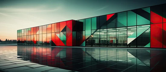 Tuinposter Contemporary office building with Asian inspired red and green glass design © Vusal