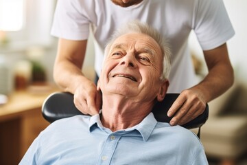 Orthopedic nurse stretching spinal cord and shoulder of elder patient with injury for physiotherapy. - obrazy, fototapety, plakaty