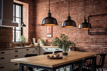 Chic loft industrial kitchen wooden table, exposed brick walls, and pendant lighting accents.