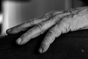 closeup of a hand of an old man, black and white photo