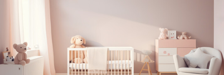 nursery room with toys, modern furniture, soft lighting, cozy and stylish interior design.