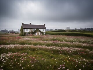 a house in a field of lavender field with a cloud sky in the background and a house in the distance