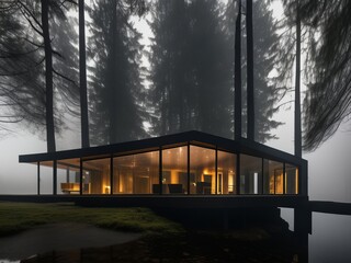 a house with a lake surrounded by trees and foggy sky at night with a lit up cabin on the shore