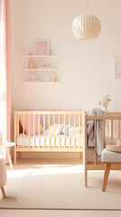 Chic nursery room with pastel tones, showcasing a wooden crib, whimsical wall shelves light