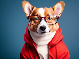 a corgi wearing headphones and a red jacket with a hoodie on it's face is looking at the camera,  animal photography