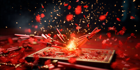 a flat lay with an array of firecrackers and sparklers. Chinese New year concept. - obrazy, fototapety, plakaty