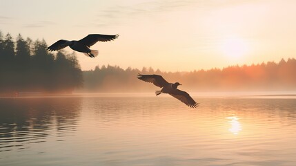 Fototapeta na wymiar Pair of Birds Flying Over a Calm Lake at Sunrise. generative AI 
