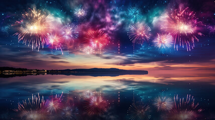 Colorful fireworks of various colors over night sky - obrazy, fototapety, plakaty