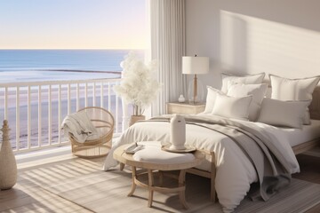 Elegant coastal bedroom interior with serene ocean view, sunlight, and tasteful beach decor