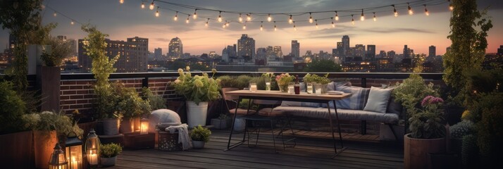 urban terrace city skyline during sunset, adorned with plants, cozy furniture, and ambient lighting