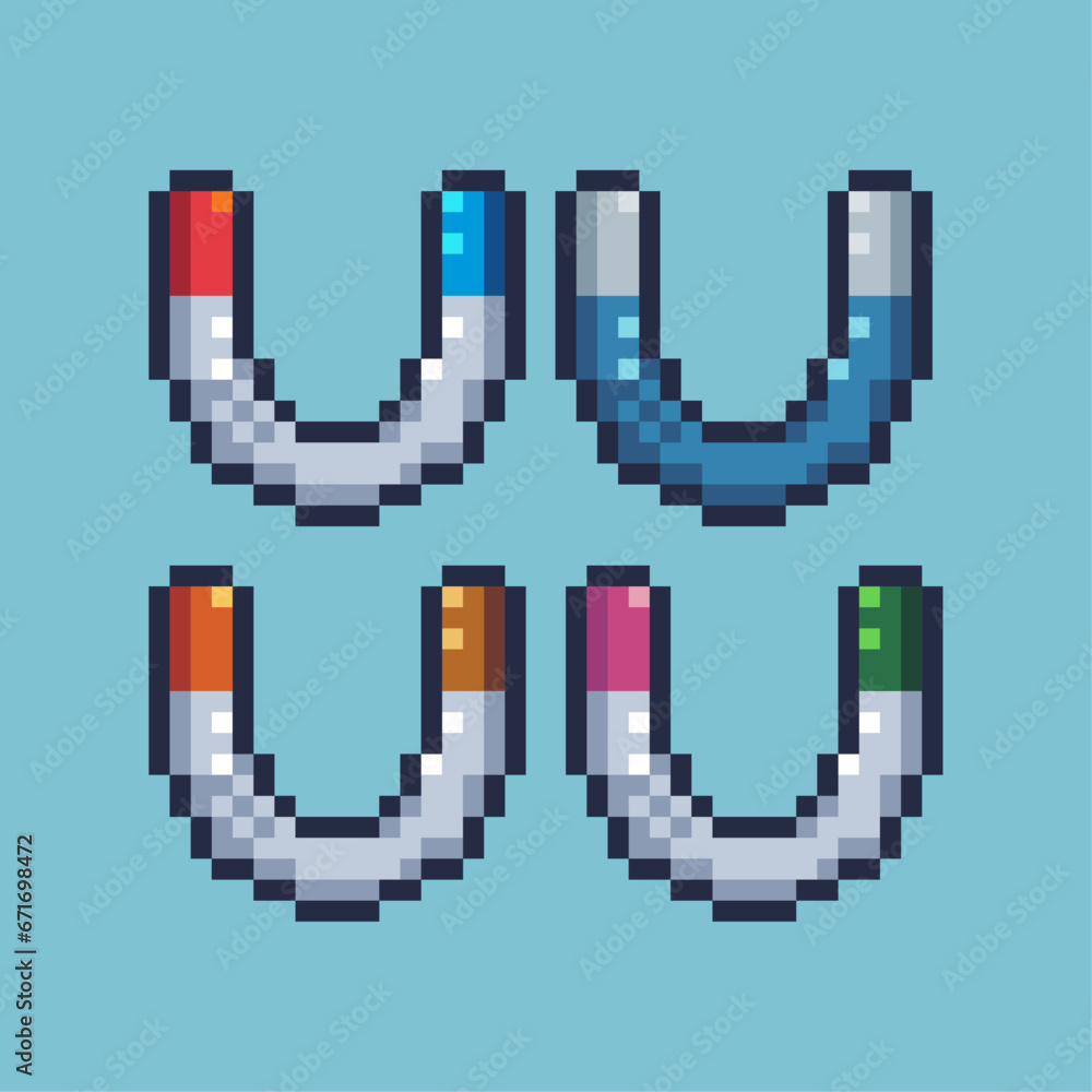 Poster pixel art sets of magnet icon with variation color item asset. simple bits of magnet pixelated style
