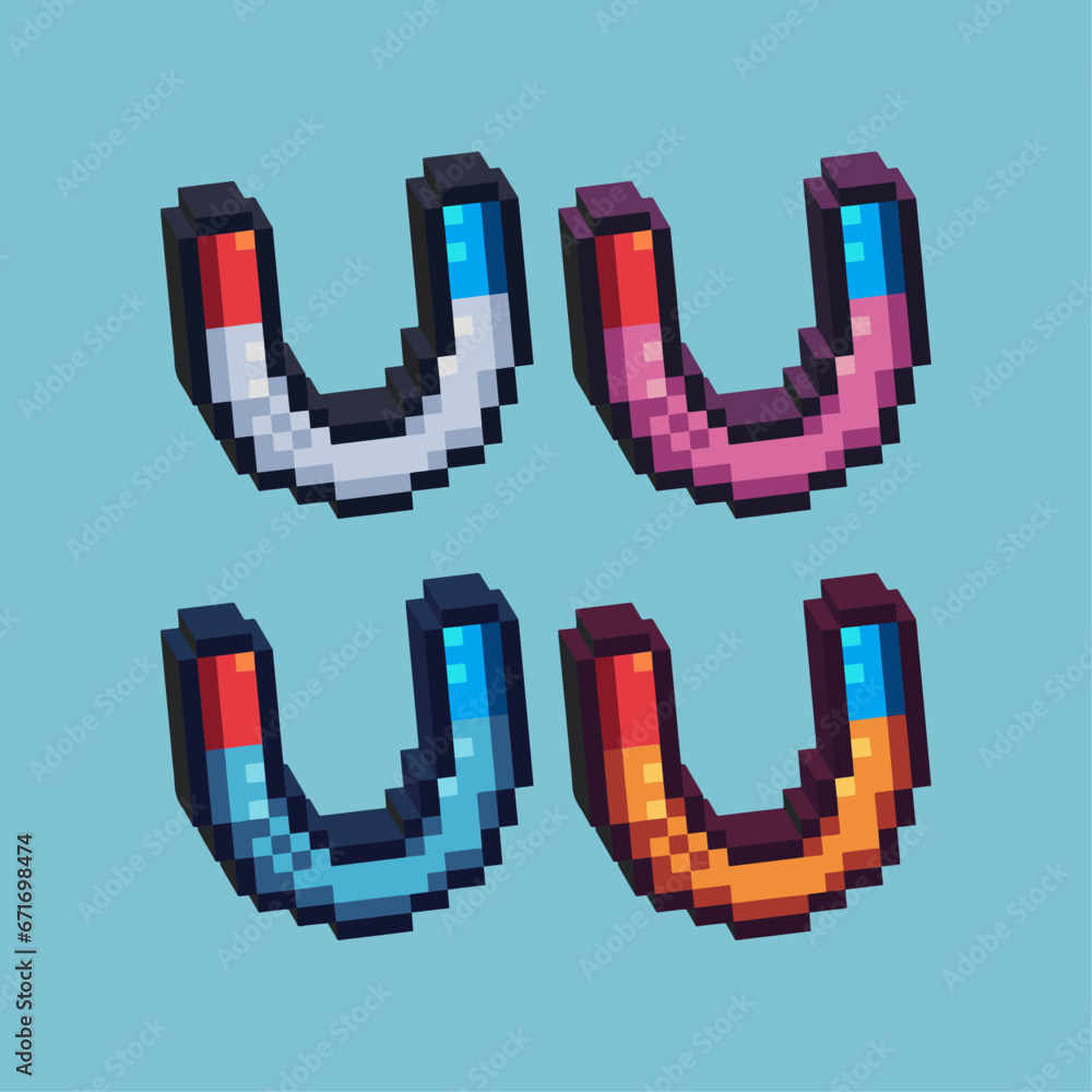 Poster isometric pixel art 3d of magnet for items asset. magnet on pixelated style.8bits perfect for game a