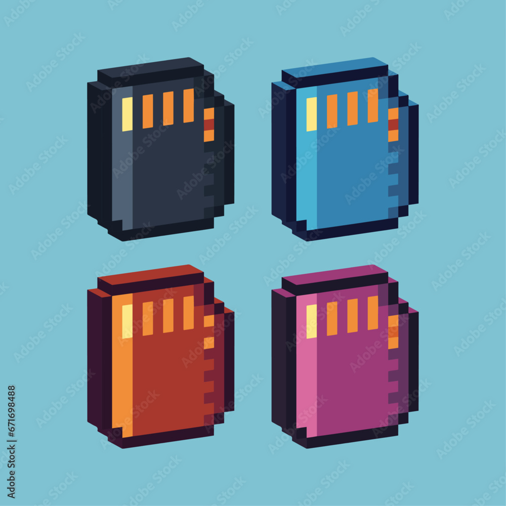Poster isometric pixel art 3d of sd card for items asset. storage sd card icon on pixelated style.8bits per