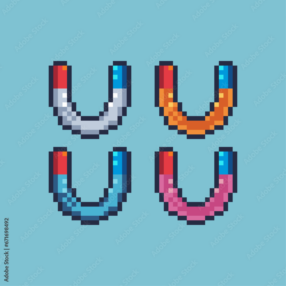 Poster pixel art sets of magnet icon with variation color item asset. simple bits of magnet pixelated style