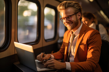 Fototapeta premium Smiling businessman working on laptop while traveling on the passenger train.