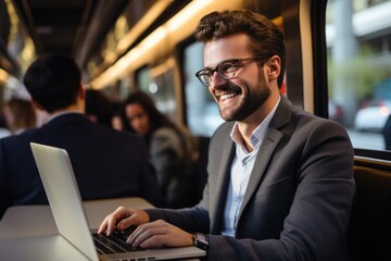 Fototapeta premium Smiling businessman working on laptop while traveling on the passenger train.