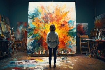 Woman artist holding paintbrush on a large canvas in the art studio. Modern artwork paint on canvas, creative, - obrazy, fototapety, plakaty