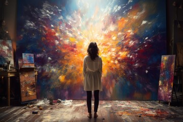 Woman artist holding paintbrush on a large canvas in the art studio. Modern artwork paint on canvas, creative,