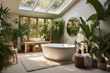 Luxurious bathroom sanctuary bathed in sunlight, freestanding tub, lush indoor garden