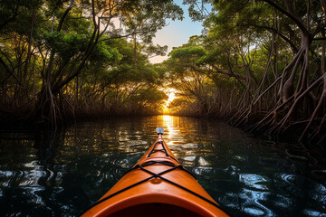 A kayak tour along a river with clear water among the treetops. Eco-friendly holiday without harming the environment