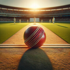 Realistic Cricket Red Ball in The middle of cricket ground. AI Generated - obrazy, fototapety, plakaty