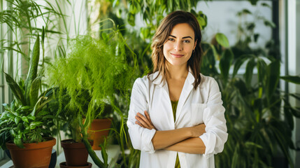 Young European naturopath in plant-filled, modern office. - obrazy, fototapety, plakaty
