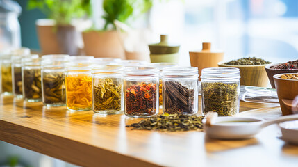 Asian naturopath with herbal teas on wooden table, by window. - obrazy, fototapety, plakaty
